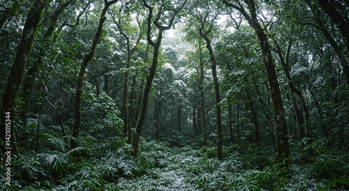 Snow-dusted Canopy: Winter's Delicate Touch in Forest's Green Heart