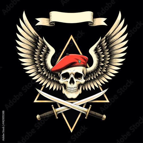 Skull with wings, red beret, crossed swords, and banner