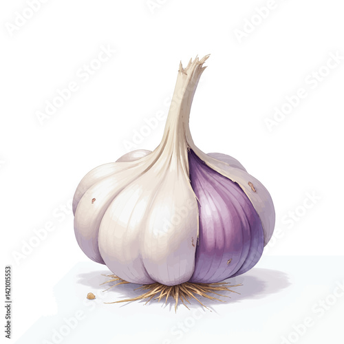 Single Purple Garlic Bulb on White Background