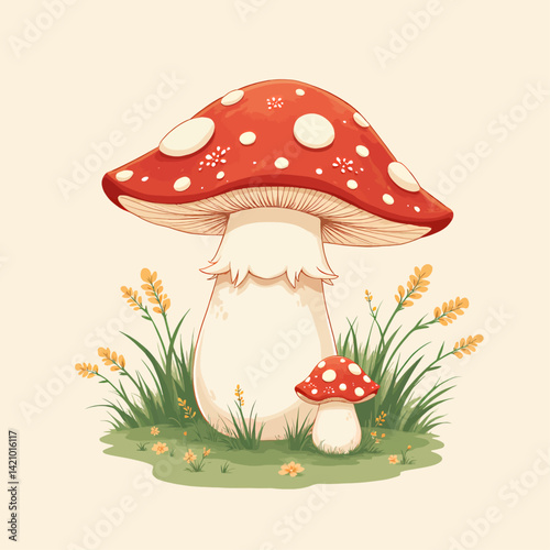 Red and White Toadstools in Grassy Meadow