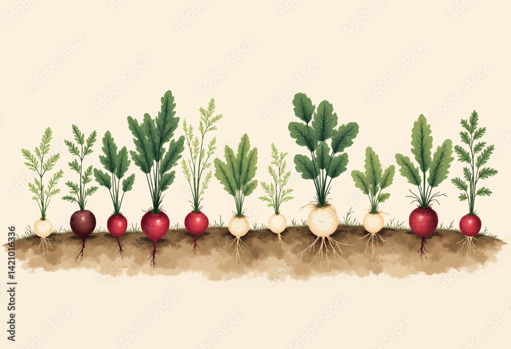 Radishes and Turnips Growing in Soil Illustration