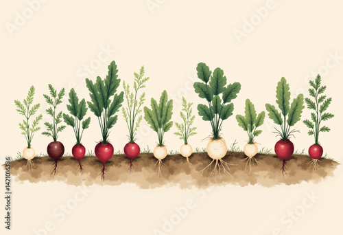 Obraz na płótnie Radishes and Turnips Growing in Soil Illustration w salonie