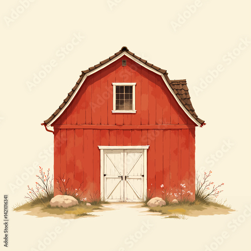 Quaint red barn with white doors and window