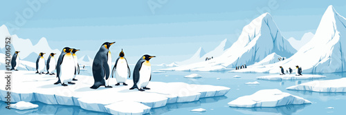 Penguins on Ice Floes, Arctic Landscape Illustration
