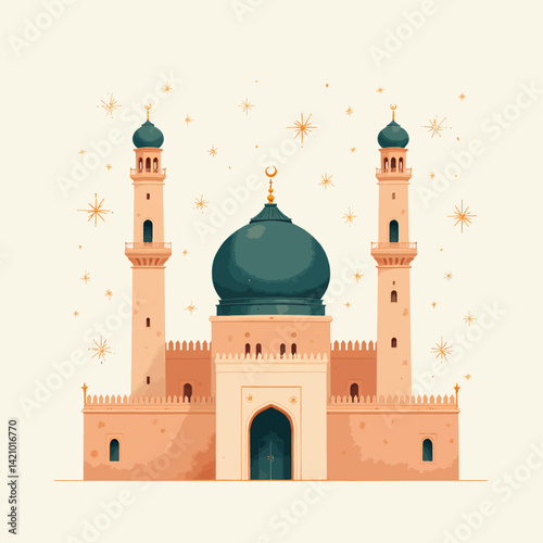 Peach mosque with teal dome and crescent moon finial