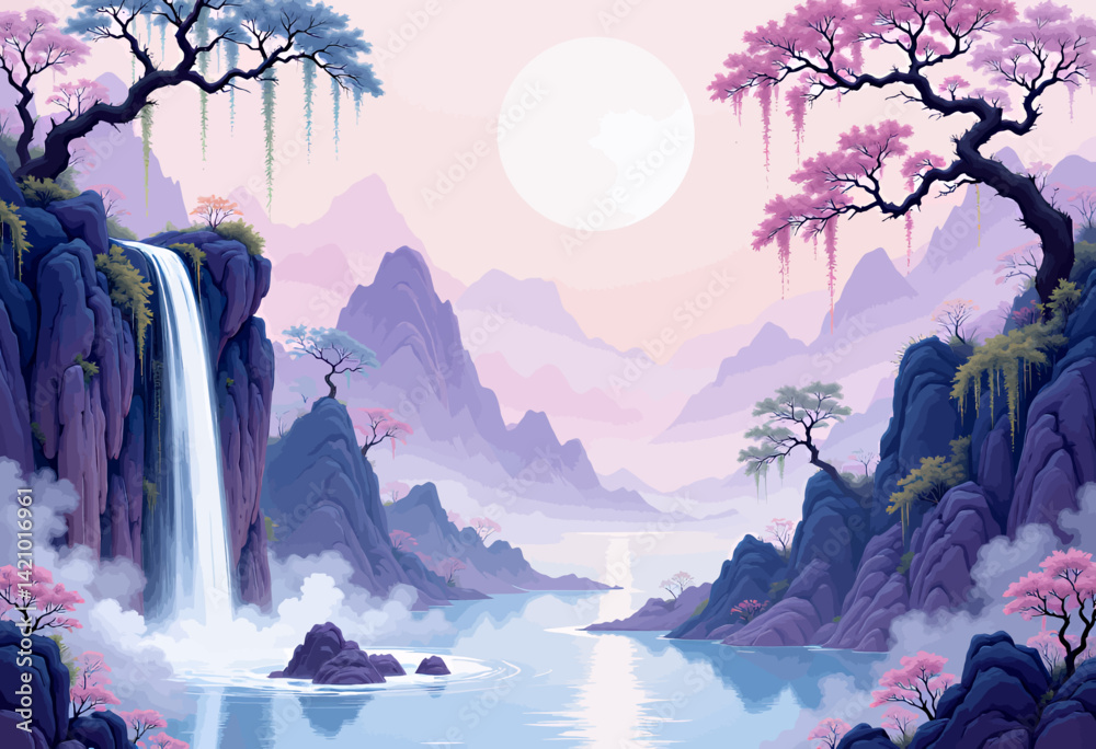 Pastel Landscape with Waterfall, Lake, and Full Moon