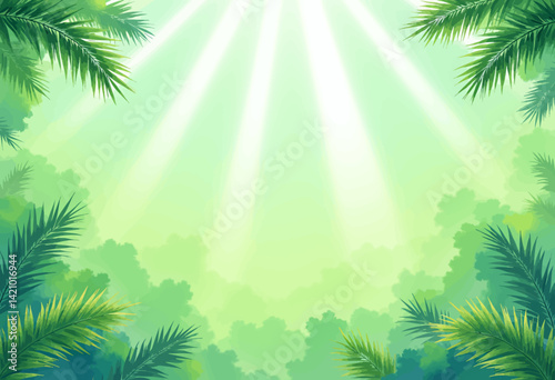 Palm fronds frame a sunlit tropical forest scene