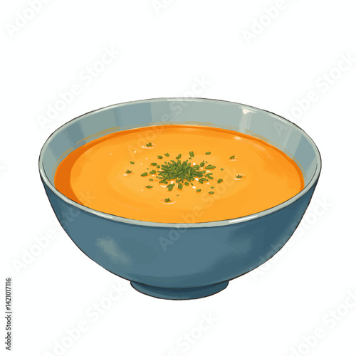 Orange soup in blue bowl with parsley garnish
