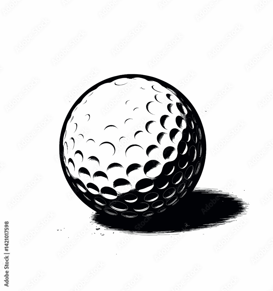 Monochrome golf ball with shadow on white background