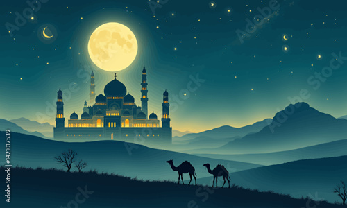 Moonlit Mosque with Camels in Silhouette Landscape