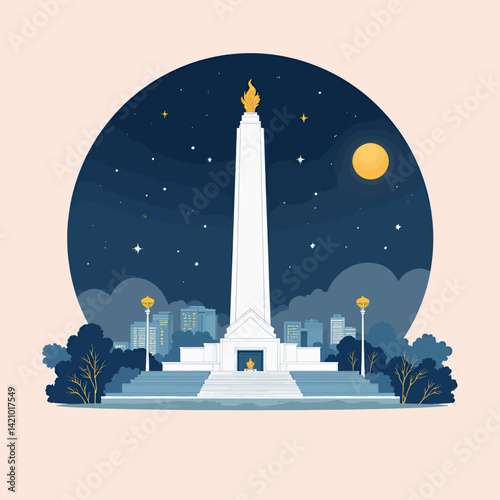 Monument with Eternal Flame, City Skyline at Night