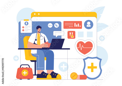 Telehealth doctor on laptop offers medical advice insurance  Rx online