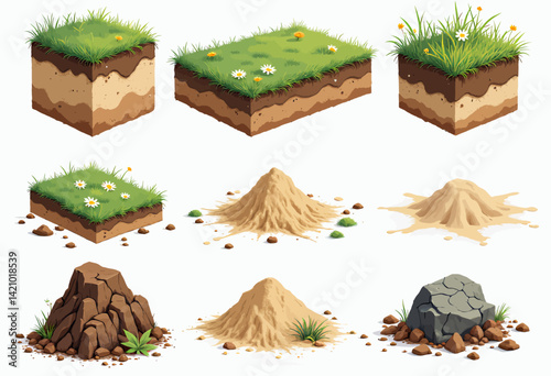 Isometric Soil Blocks, Sand Piles, and Rock Formations