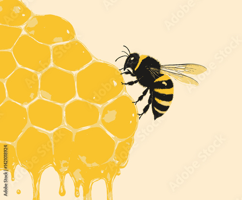 Honeybee on Dripping Honeycomb Illustration