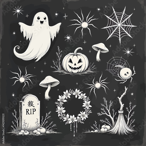 Halloween Chalkboard Art with Ghost, Pumpkin, and Spiders