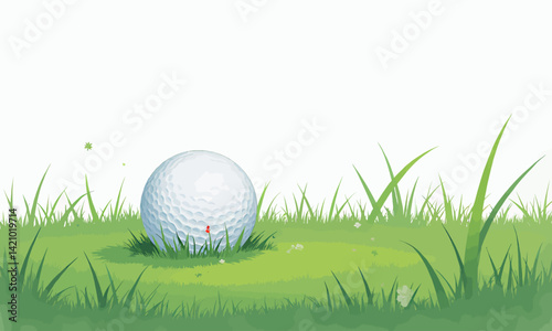 Golf ball rests in lush green grass with tiny flowers