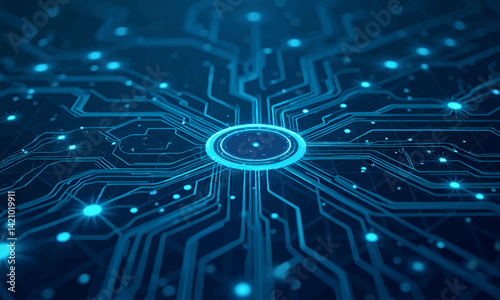 Glowing Blue Circuit Board with Central Hub