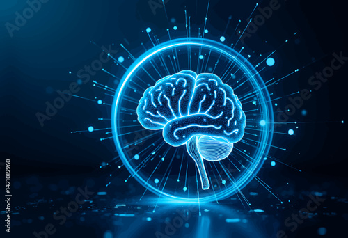 Glowing Blue Brain with Neural Network Connections