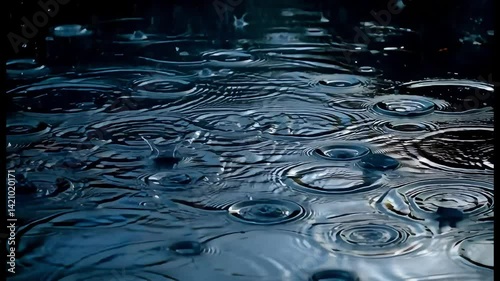 Close up view of rain drops creating ripples on a dark surface with water reflections visible