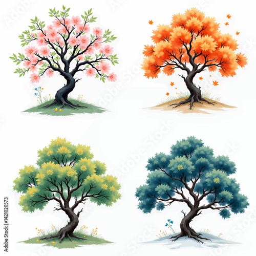 Four Seasons Trees: Spring, Autumn, Summer, Winter