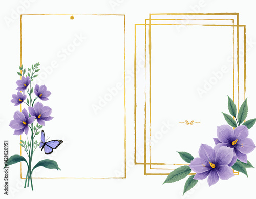 Obraz na płótnie Floral frame with purple flowers and butterfly illustration w salonie
