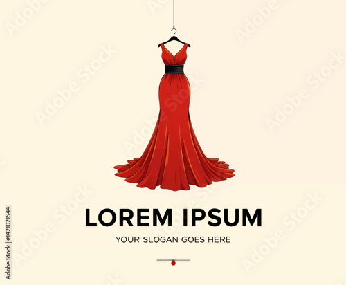 Elegant red gown on hanger with text overlay