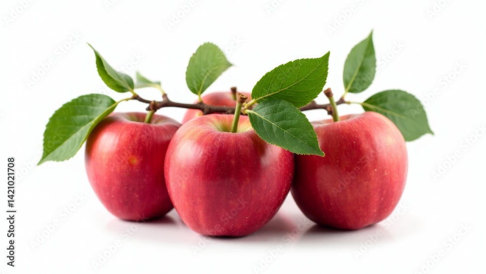 Three Red Apples With Green Leaves Three Red Apples With Green Leaves