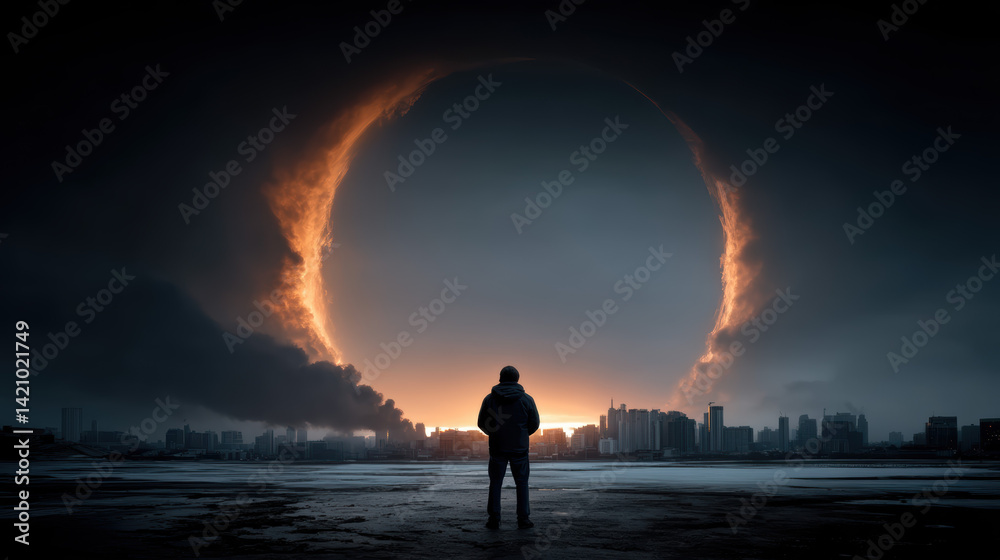 Fototapeta premium person stands before fiery portal in cityscape, evoking wonder