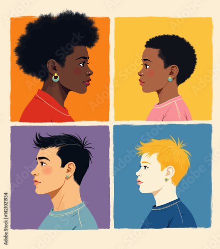 Diverse People Profiles with Teal Earrings on Colorful Backgrounds