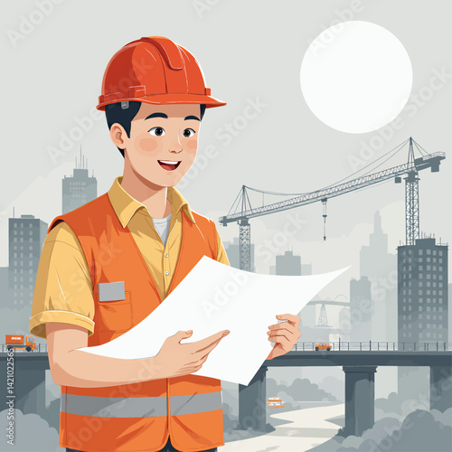 Construction worker reading plans on a city construction site
