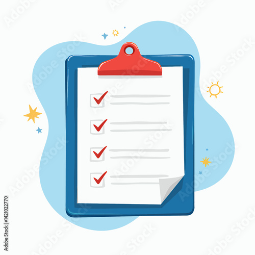 Completed Checklist on Blue Clipboard with Red Clip