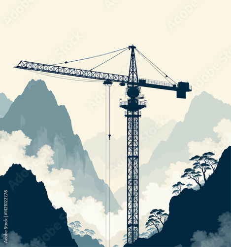 Construction Crane Silhouette with Mountain Landscape