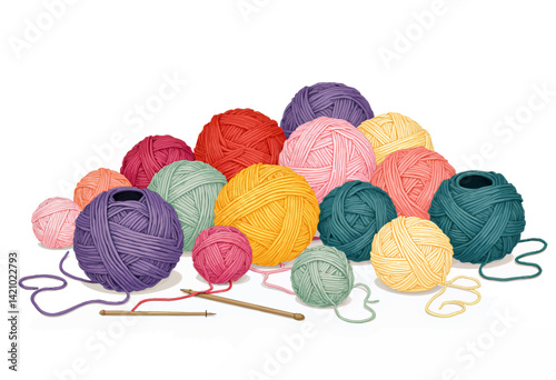 Colorful Yarn Balls and Knitting Needles on White