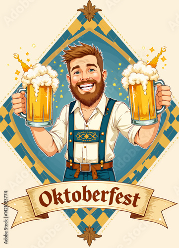 Cartoon man in lederhosen holding beer for Oktoberfest