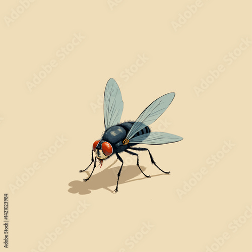 Cartoon fly with red eyes on cream background