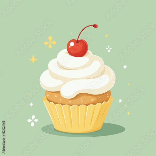 Cartoon Cupcake with Cherry and Cream on Green Background