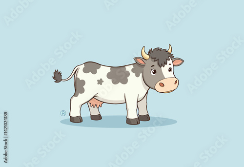 Cartoon Cow with Gray Spots on Light Blue Background