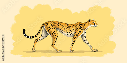 Cartoon cheetah walking on a yellow background
