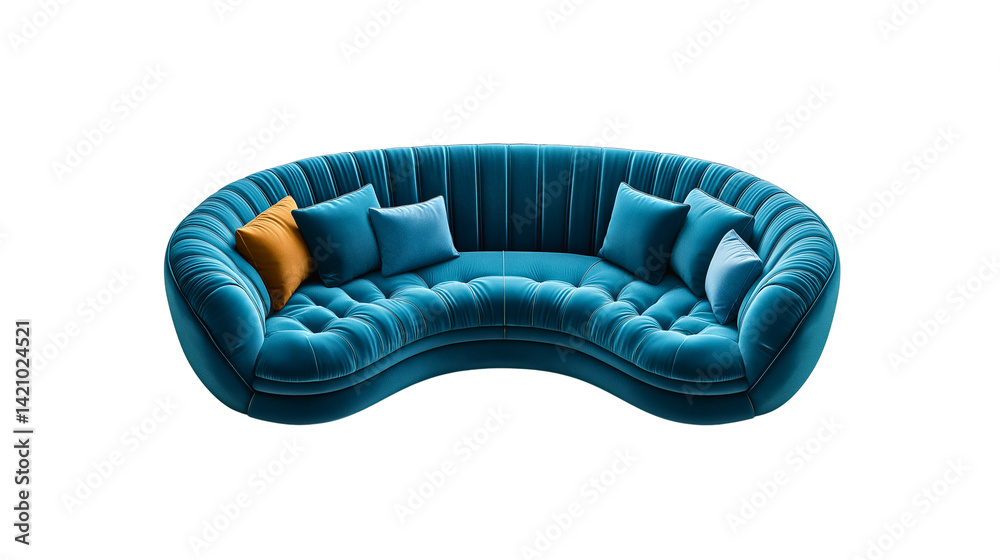 Curved velvet modern sofa in deep teal color isolated on white background