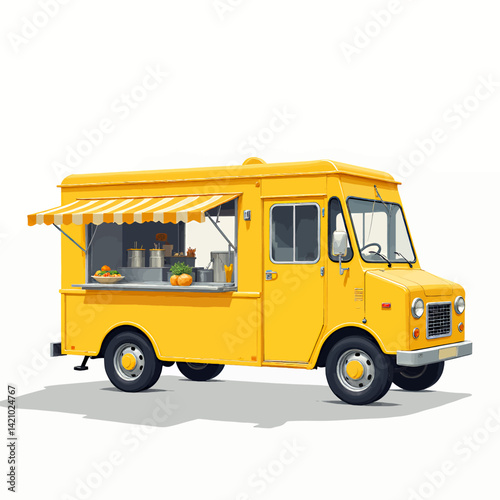 Bright Yellow Food Truck with Striped Awning