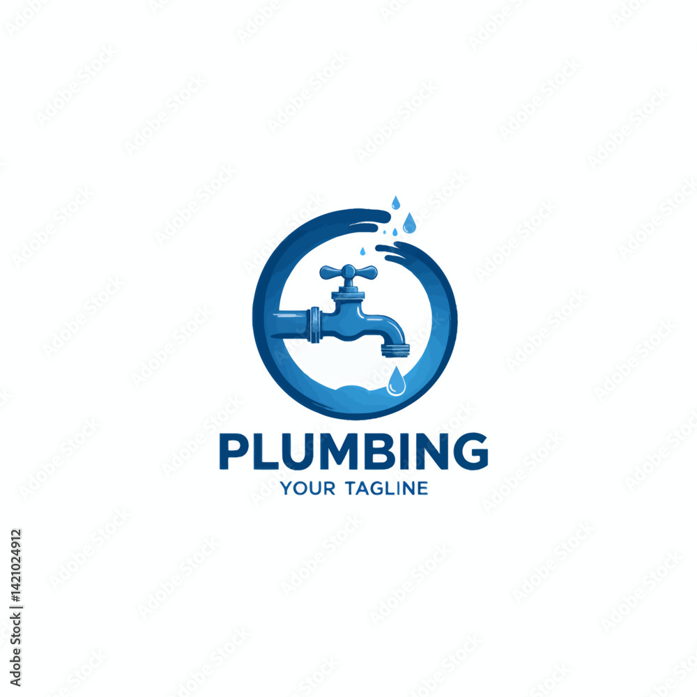 Blue plumbing logo with faucet and water drops