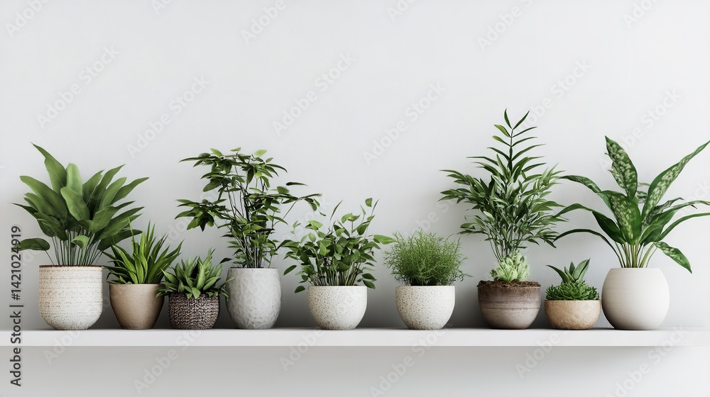 Fototapeta premium Indoor plants potted on shelf home decor ideas greenery houseplants minimal style modern design interior