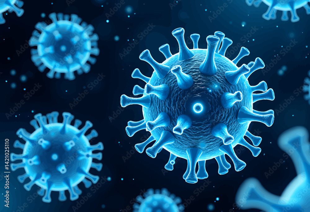 Blue Coronavirus Virions on a Dark Background