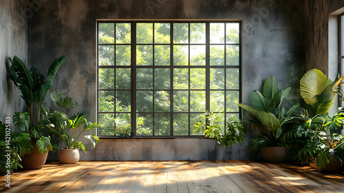 Sunlight through glass windows with plants