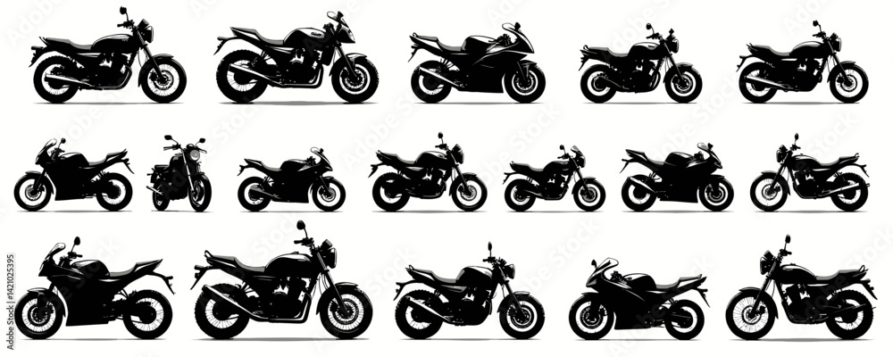Black Motorbike Silhouettes on White Background