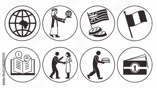 International Business Trade Icons Black and White Global National Flags Education Symbols Set