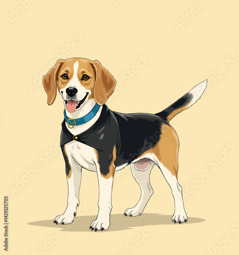 Beagle Dog Cartoon Wearing Blue Collar and Black Vest