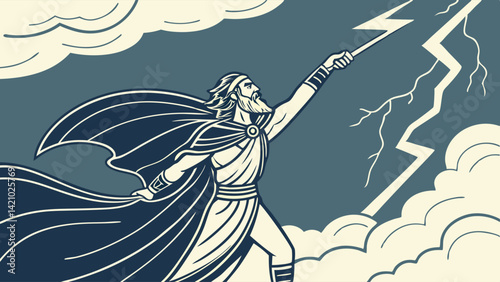 Dynamic Vintage Illustration of Zeus Greek God Casting Lightning Bolt in Stormy Sky Mythology Art