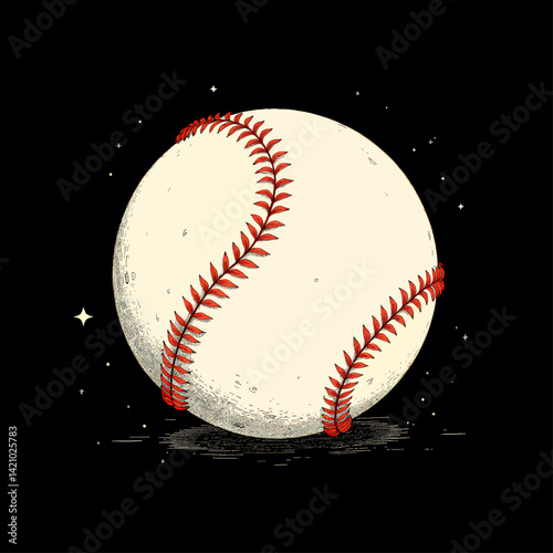 Baseball moon with red stitches in starry space