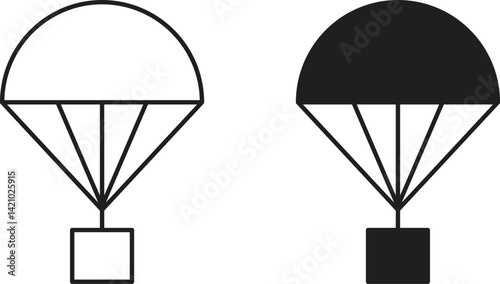 Black and white parachute icons with delivery boxes, simple flat design on white background	